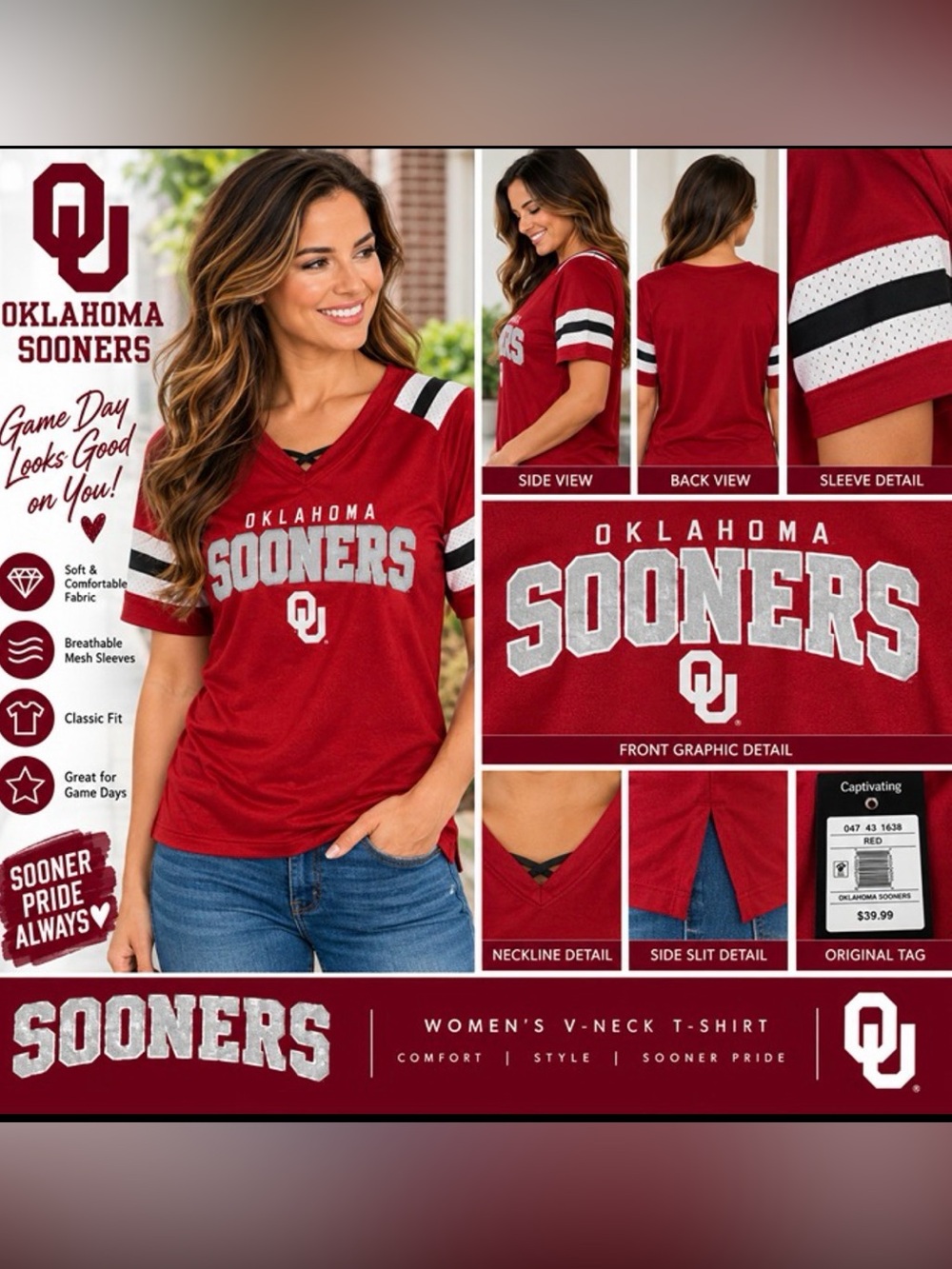Oklahoma Sooners Women’s Red V-Neck Football Jersey Shirt OU NCAA NWT Small